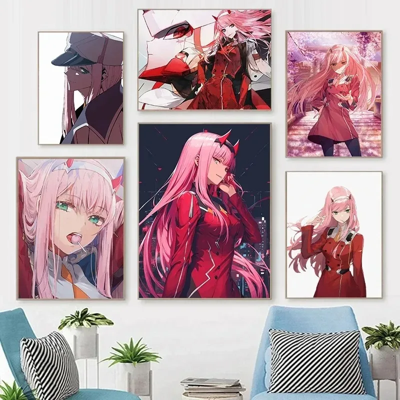 Hot Anime DARLING in The FRANXX Poster Zero Two 002 Manga Canvas Painting Wall Art Pictures Print for Living Room Home Decor