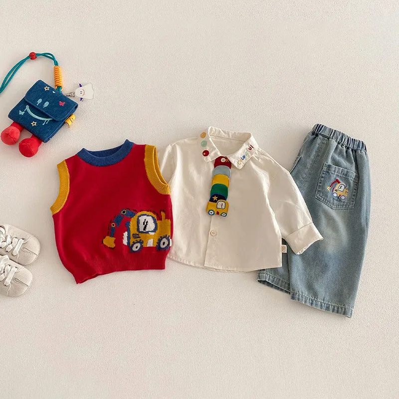 Spring Kids Shirts 9M-5T Cartoon Colorful Car Girls Blouse Engineering Vehicle Series Boys Clothes Children Pants 4
