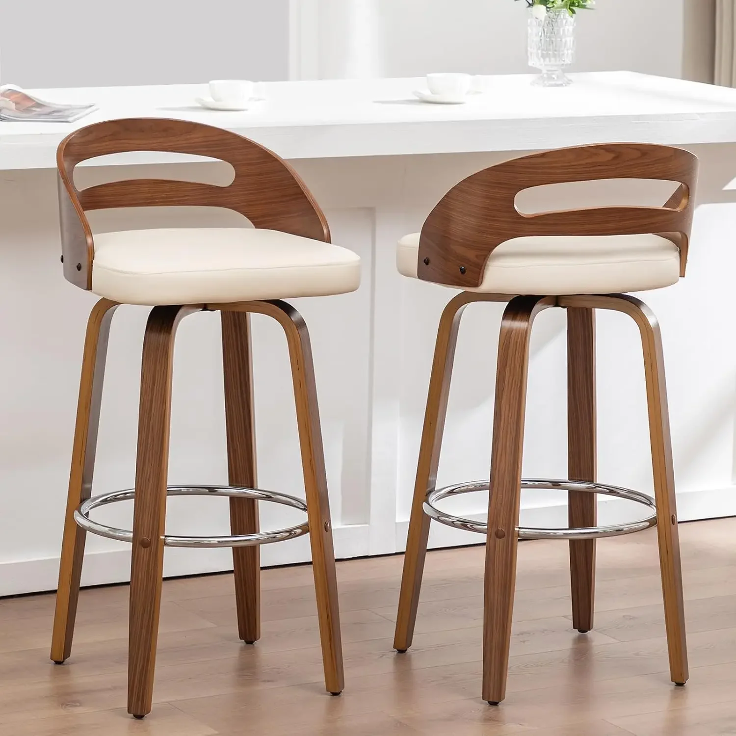 Swivel Bar Stools, 30 inch Mid Century Modern Bar Stools with Low Back | Solid Bentwood Frame, Walnut Finish, Wooden Legs, Faux