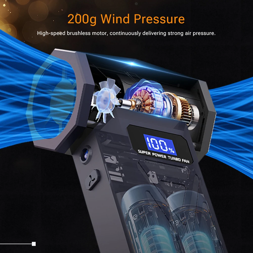 Высокоскоростной турбовентилятор 130000 об/мин, профессиональный комплект с 5 насадками и быстрой зарядкой через USB, очистка автомобиля/электронное удаление пыли/зажигание барбекю на открытом воздухе/многофункциональный пылеочиститель/снежный вентилятор, портативный ручной пылесос