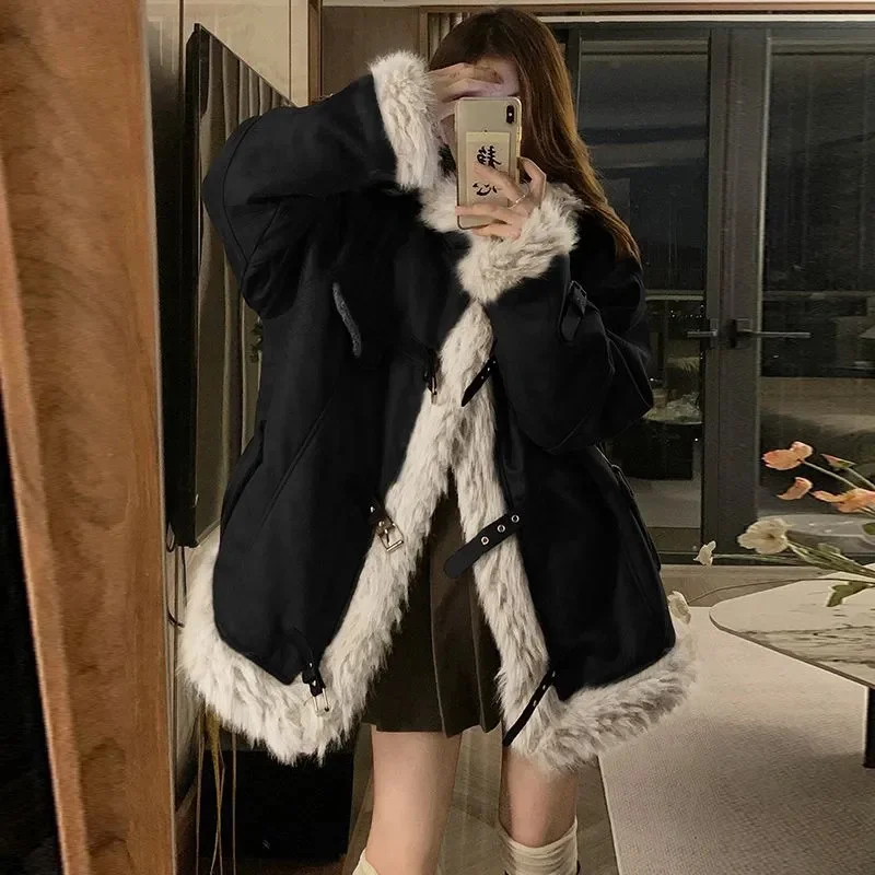 2023 Winter Clothes Medium To Long Imitation lambswool Coat Women Add Velvet Padded Slim Coat Female With Big Fur Collar Jacket