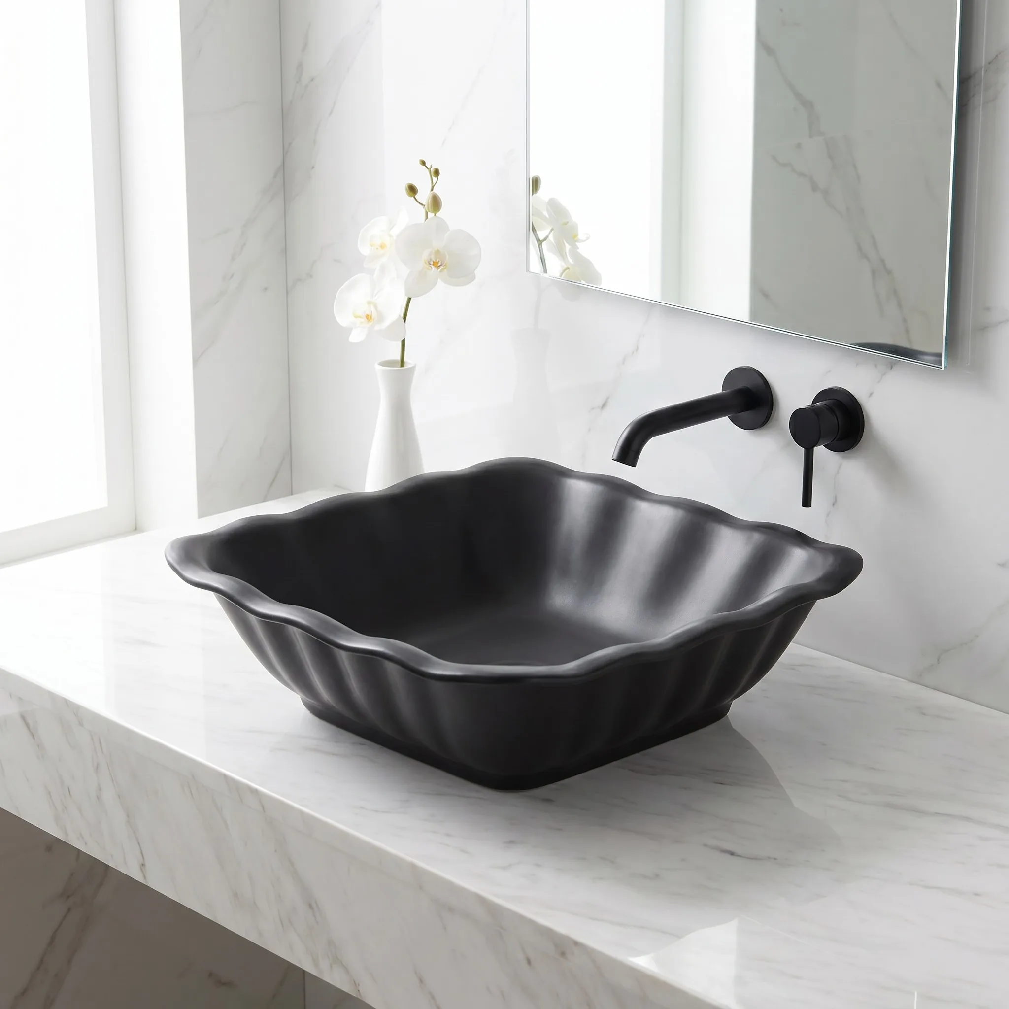 R*# Luxury High-End Modern Farmhouse Flower Matte Black Ceramic Art Basin for Bathroom