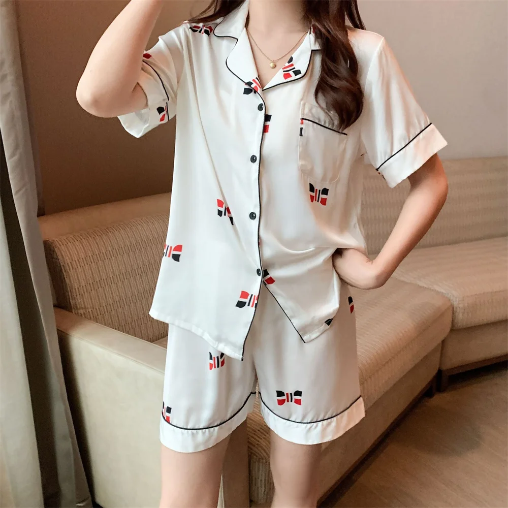 

Summer New Pajamas Set for Women Sweet Cute Print Bow Short Sleeve Shorts Pijamas Suit Sleepwear Casual Silk Rayon Home Clothes