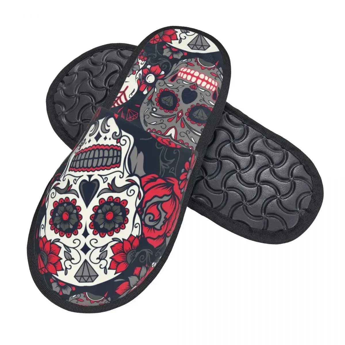 Men Women Plush Indoor Slippers Colorful Sugar Skull With Ornament And Flower Warm Soft Shoes Home Footwear Autumn Winter