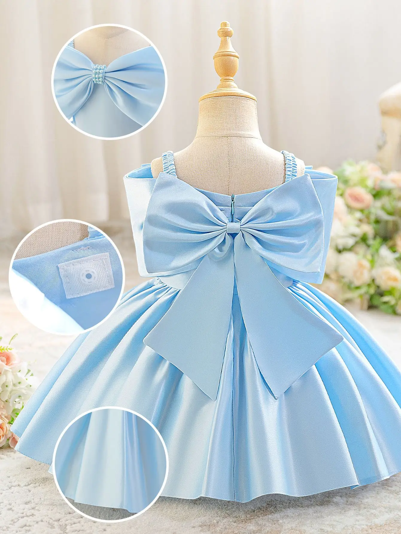 0-3Y Blue Flower Girl Dress A Line Short Square Neck Cap Sleeve Satin Big Bow Pearl Choker Wedding Kid Party Princess Gown