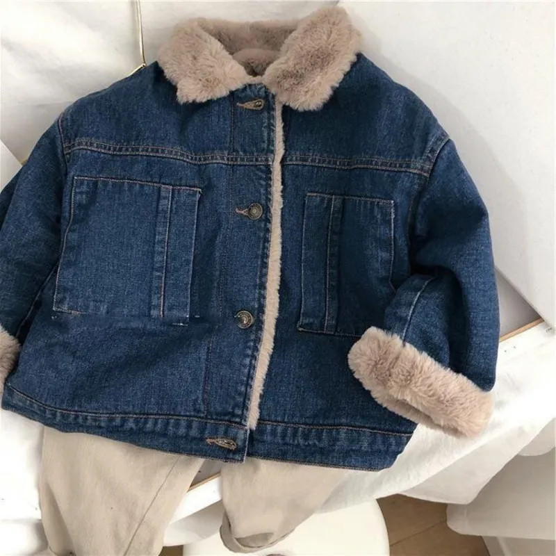 New Children\'s Denim Jacket For Autumn And Winter Boy Handsome And Plush Thick Jacket Girl Baby Korean Warm Coat