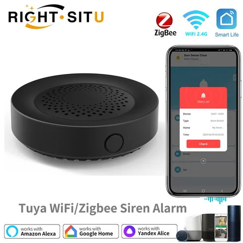 Alarma de sirena WiFi Tuya Zigbee para seguridad del hogar inteligente, altavoz de 100db, funciona con Alexa Yandex Alice requiere Tuya Zigbee Hub.