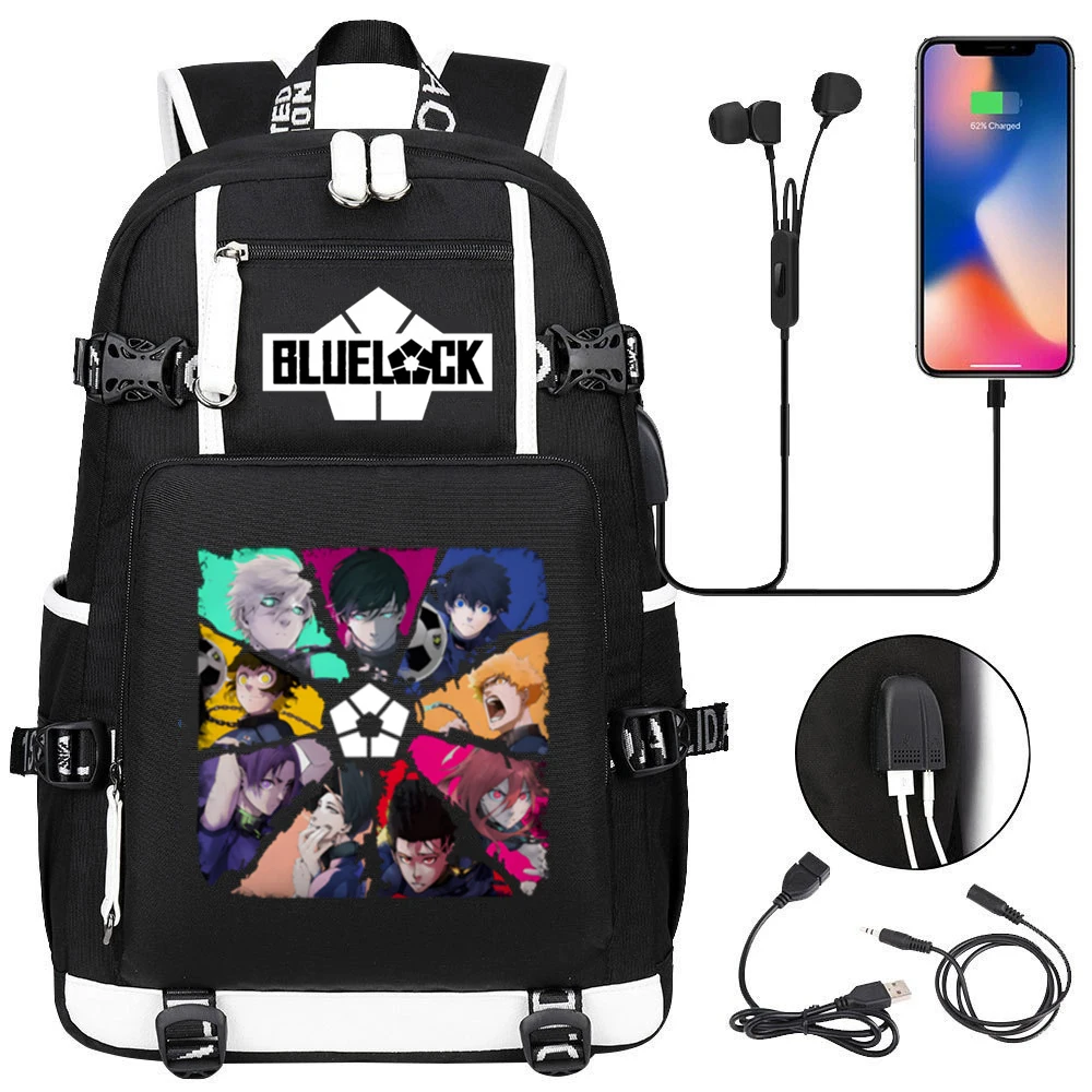 أنيمي الأزرق قفل حقيبة الظهر SEISHIRO ناجي يطبع منفذ USB المراهقين حقيبة كمبيوتر محمول سعة كبيرة الحقائب المدرسية الرجال حقيبة السفر