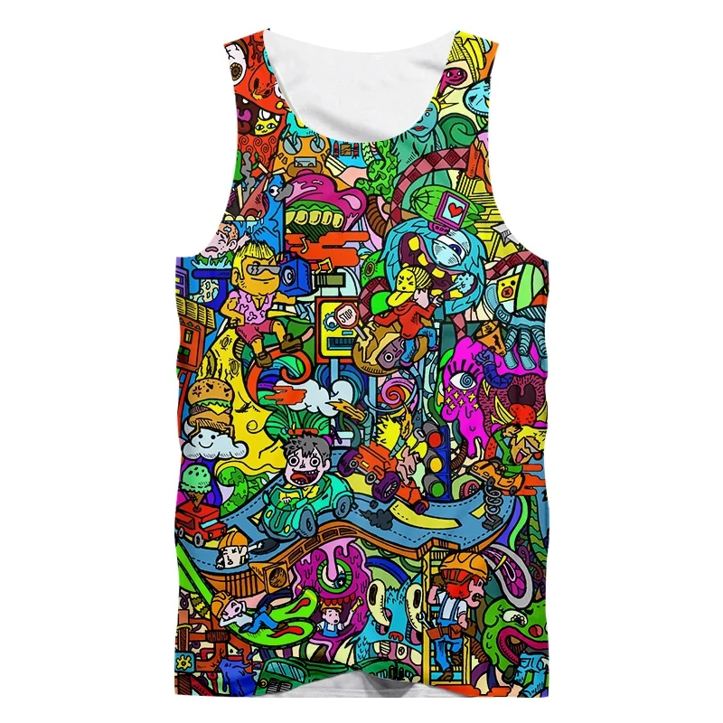 

Men Sleeveless Tanks Tops 3D Funny Anime Graffiti Women Fashion Tops Summer O Neck Oversized Harajuku Male Campaign Vest Clothe