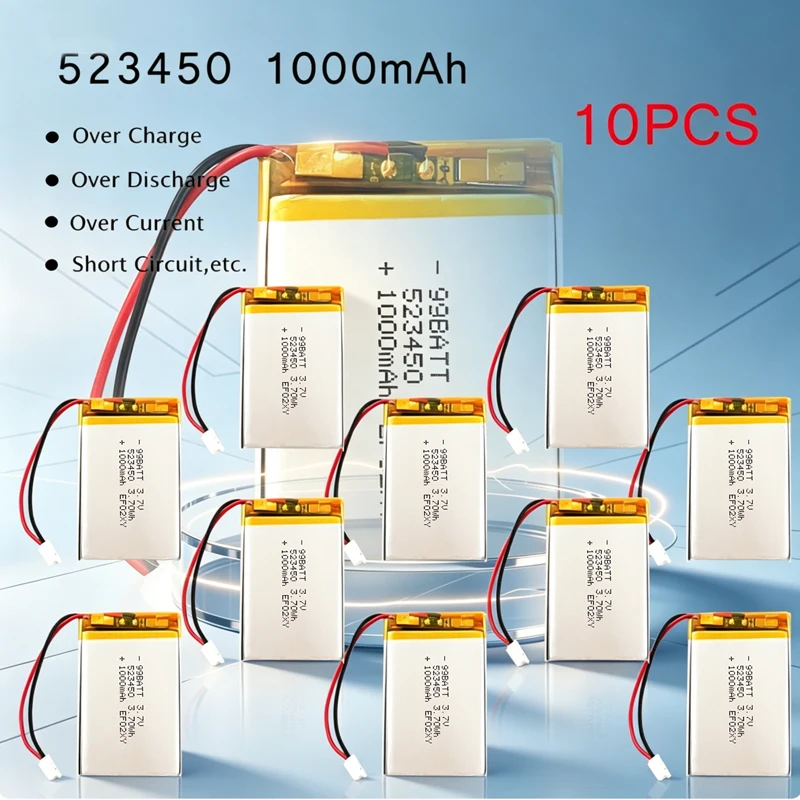 10pcs 523450 Battery 3.7v 1000mah Polymer Lithium Rechargeable Batteries Ph2.0 2pin for Bluetooth Audio Early Education Machine