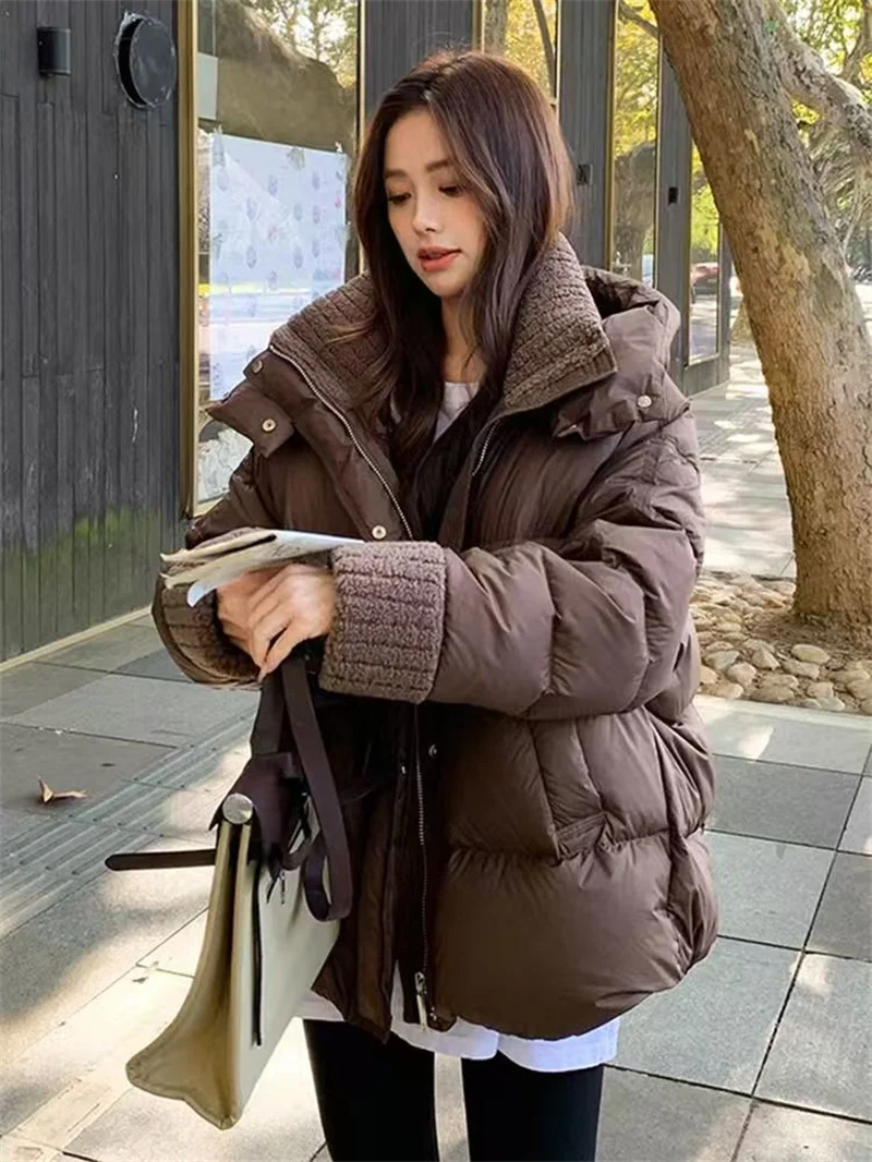 Lamb Fur Collar Bread Women's Winter 2024 New Hooded Down Cotton-padded Coat Women's Padded Warm Cotton-padded Jacket Short Coat