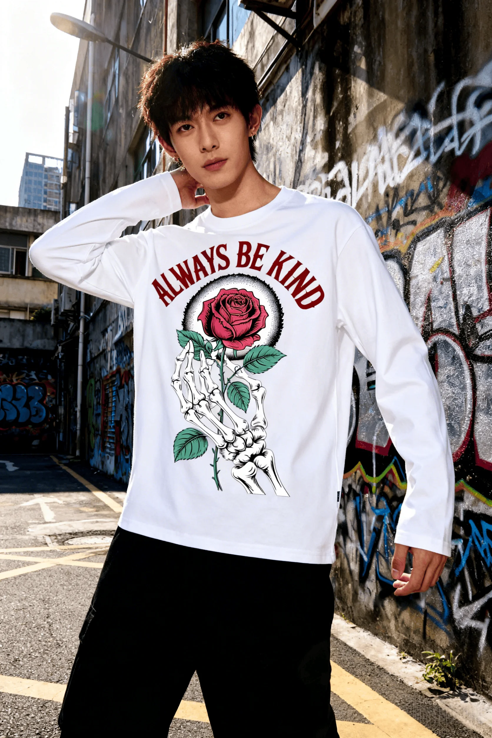 New men's and women's T-shirts, trendy retro skull and rose long sleeve print, casual short sleeve couple T-shirts