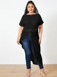 Plus Size VONDA Summer Asymmetrical Long Blouse Women 2024 Casual Split Hem Solid Party Tunic Tops Elegant Office Long Shirts