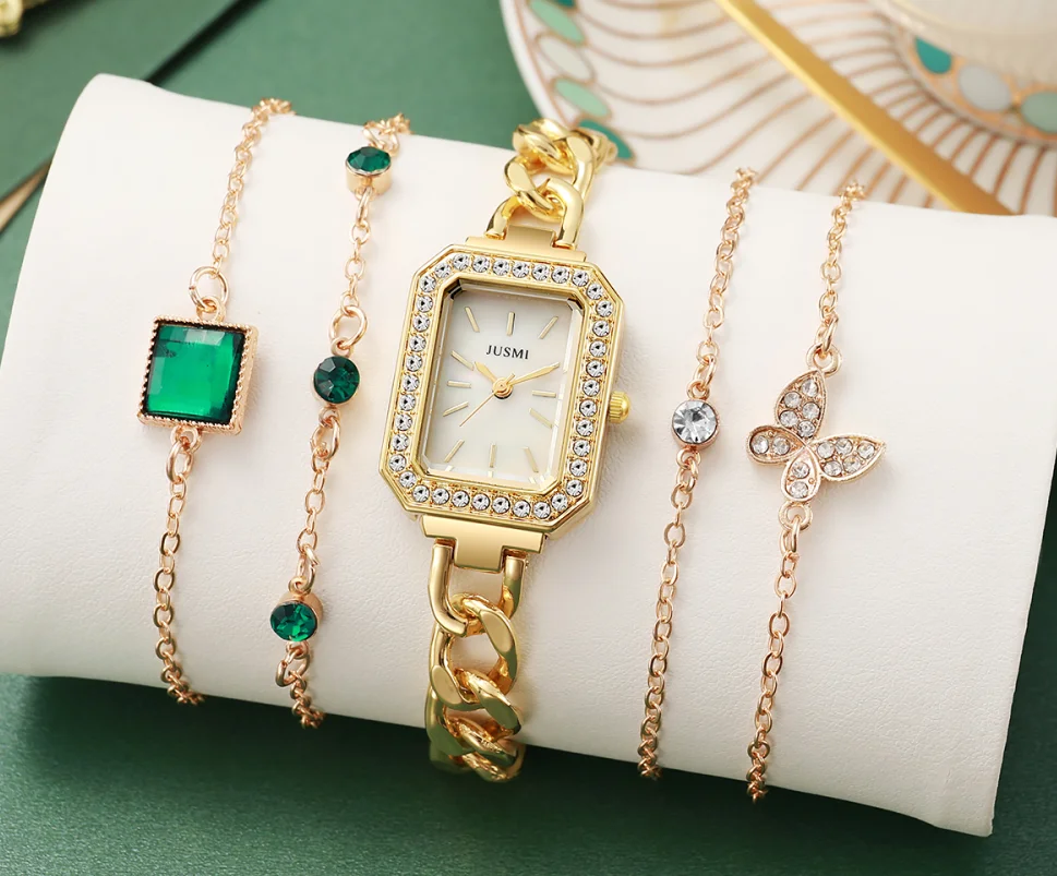 Women\'s personalized square Watch Emerald set with gemstones Fashion multi-layer bracelet Butterfly diamond bracelet set