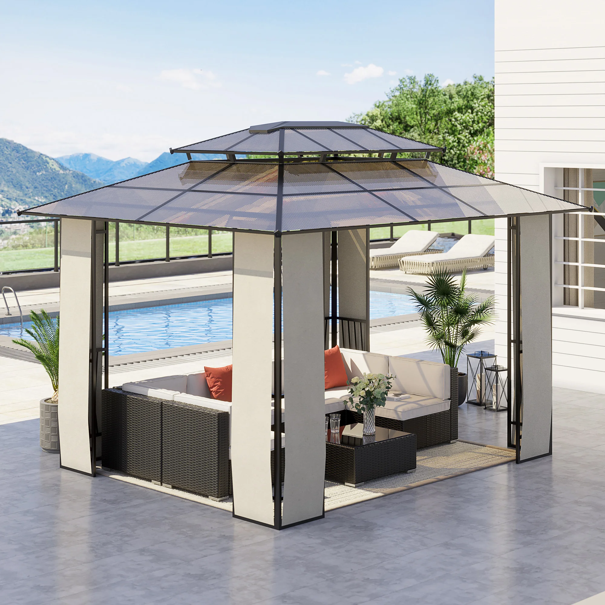 Outsunny garden gazebo 3,6x3 m outdoor pavilion polycarbonate roof steel structure aluminum sunscreen