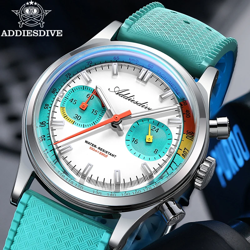 ADDIESDIVE Men Watch New Chronograph VK64 Quartz Wristwatch Domed Glass 316L Stainless Steel Luminous 100m Waterproof Watches