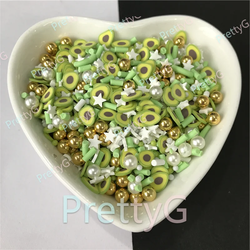 PrettyG 1 Box Avocado Shaped Slices Supplies Polymer Soft Clay DIY Decoration for Fimo Resin Nail Art Crafts Slime Cake Dessert