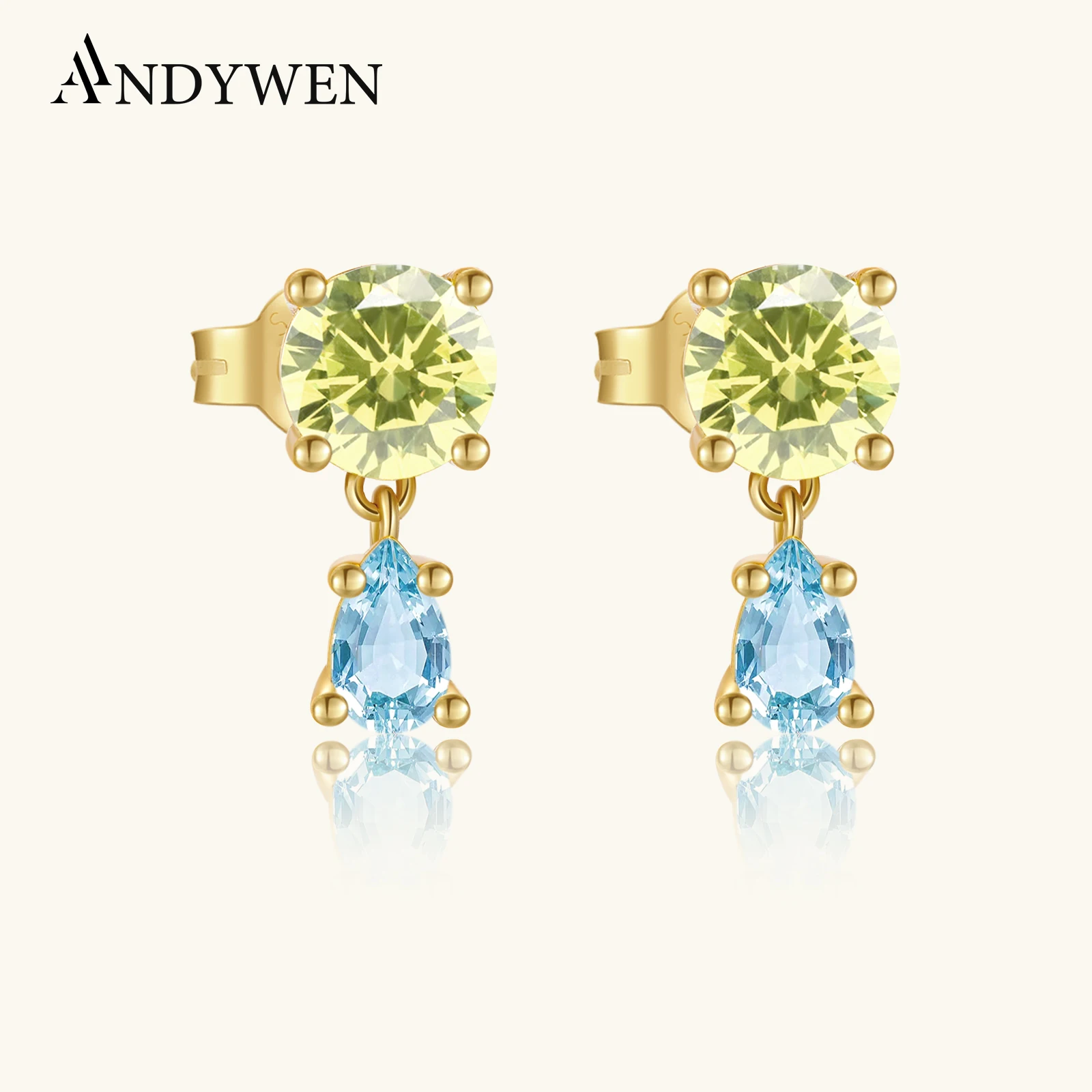 

ANDYWEN 925 Sterling Silver Lemon Yellow Round Aquamarine Blue Pear Shaped Zircon Stud Earring Jewelry for Daily/Date/Office