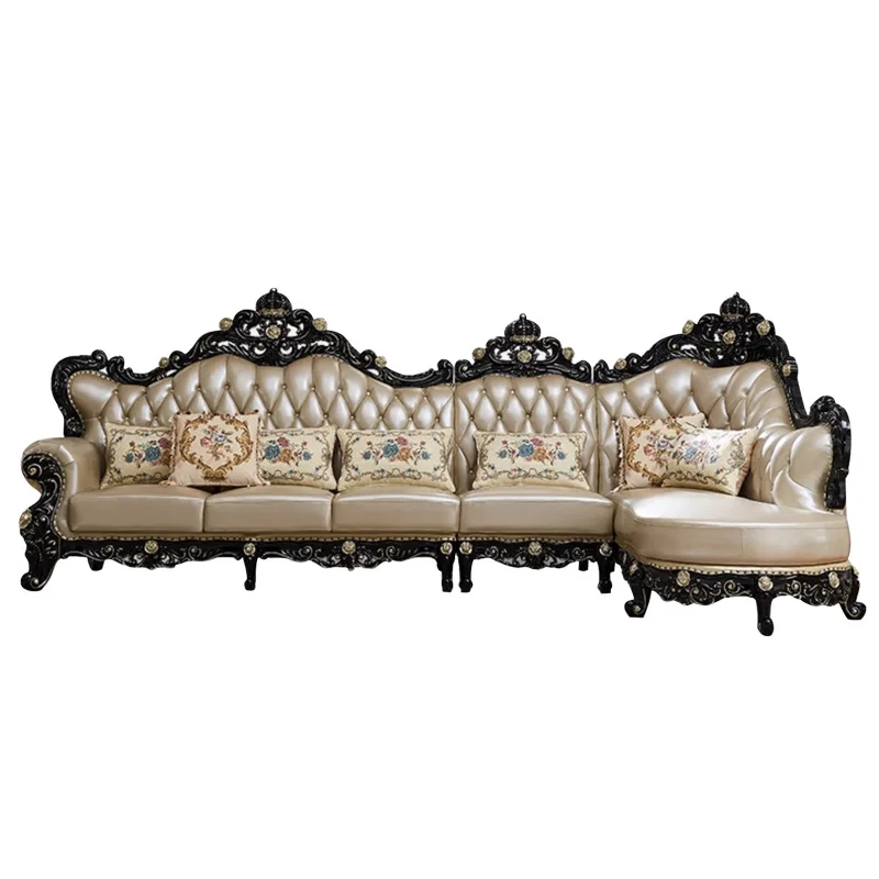 European style solid wood leather corner sofa villa large living room sofa L-shaped family small apartment