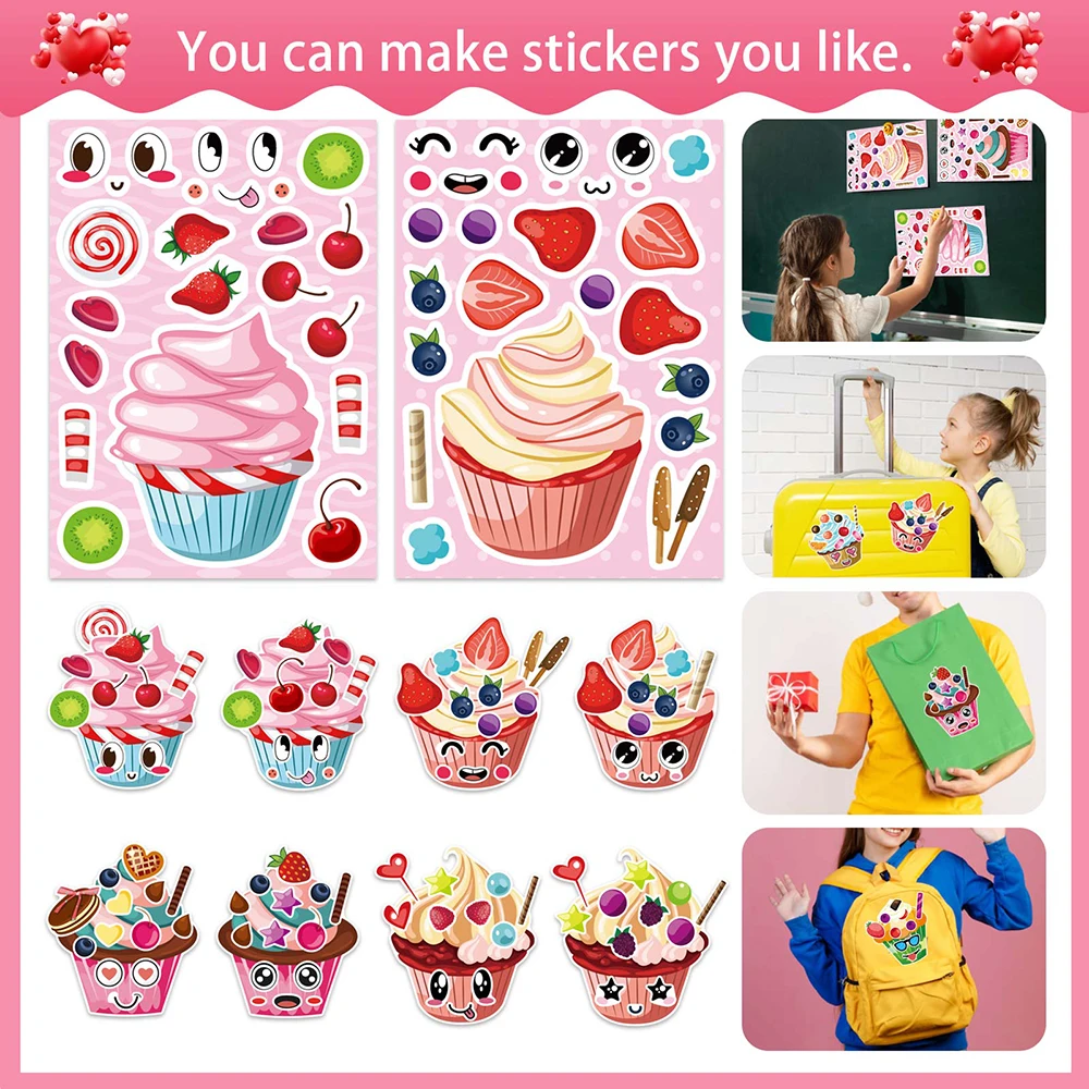 6/12Sheets Make a Cupcake Puzzle Stickers For Kids Create Your Own Dessert Children Game Boys Girls Toys Party Decoration Gifts