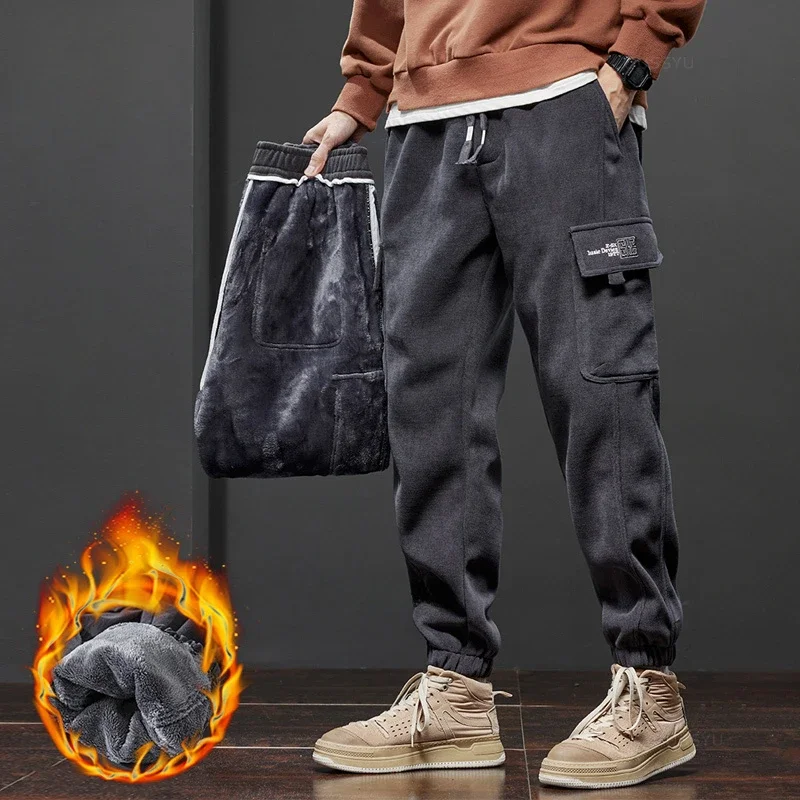 Winter Men's Fleece Warm Cargo Corduroy Pants Jogging Sweatpants Work Korean Pants Loose Harem Casual Trouser for Men