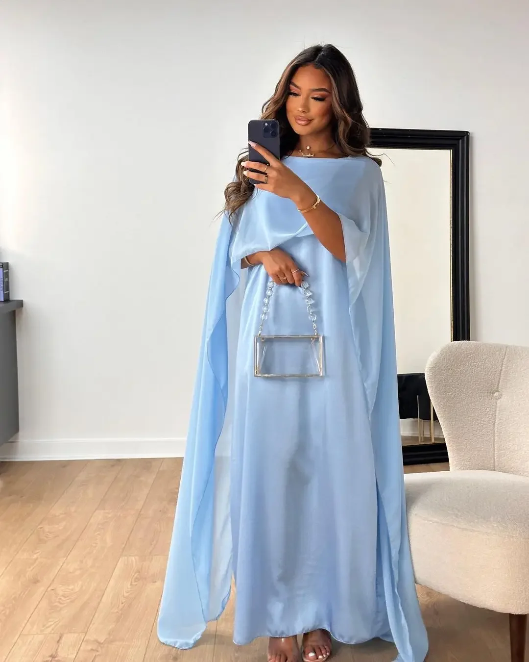 

Customized Light Sky Blue Prom Dresses Chiffon O-Neck Evening Dresses with Shawl Pleated Long Party Dresses for Special Ocn