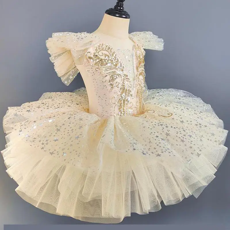 Beige Sequined Ballet Dress For Girls Kids Romantic Tutu Performance Clothing Ballerina Dress Contemporary Dance Costumes