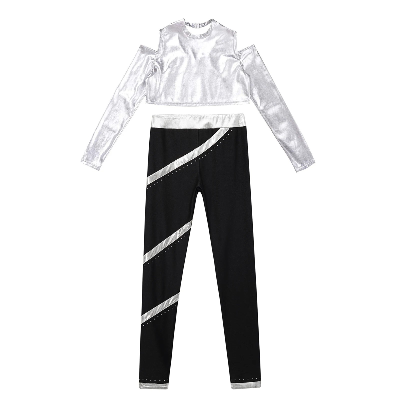 Bambini ragazze tuta maniche lunghe t-shirt lucida Crop top + Leggings pantaloni per Hip Hop Jazz Dance Fitness ginnastica Performance