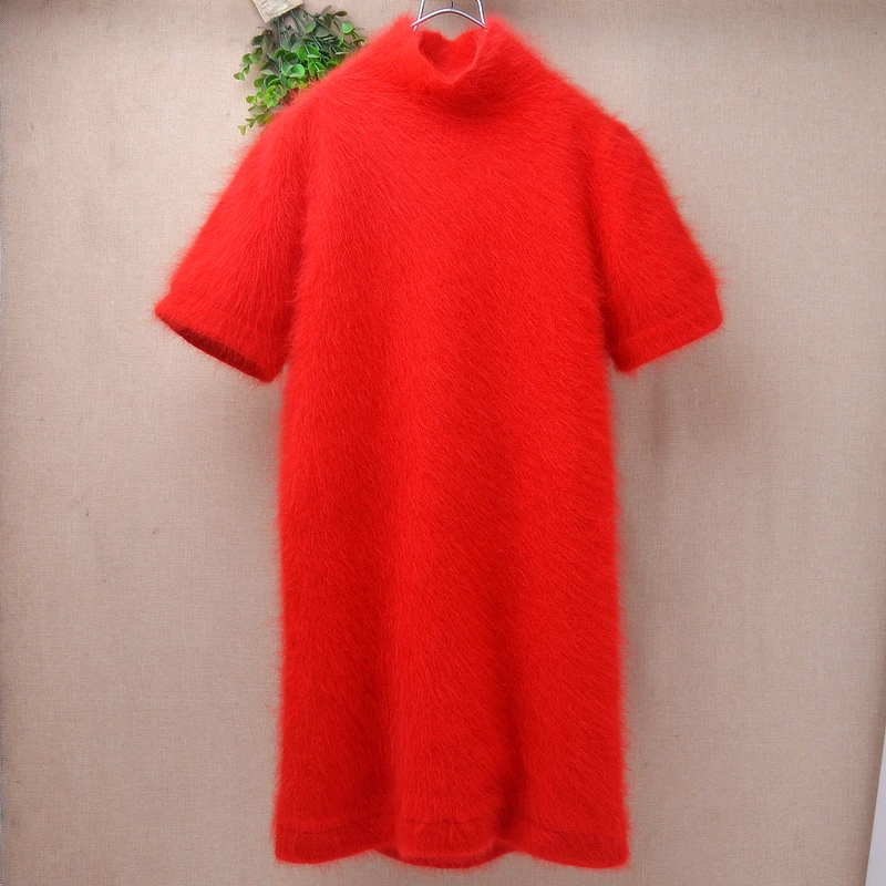 Ladies Women Autumn Winter Fashion Red Angora Rabbit Hair Knitted Mock Neck Short Sleeves Slim Medium Long Sweater Dress Jumper