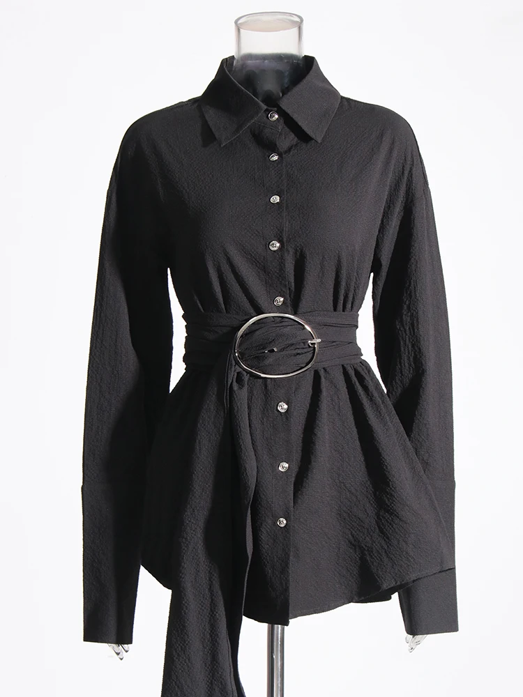 TWOTWINSTYLE Solid Casual Patchwork Belt Blouse For Women Lapel Long Sleeve Spliced Single Breasted Chic Blouses Female Fashion