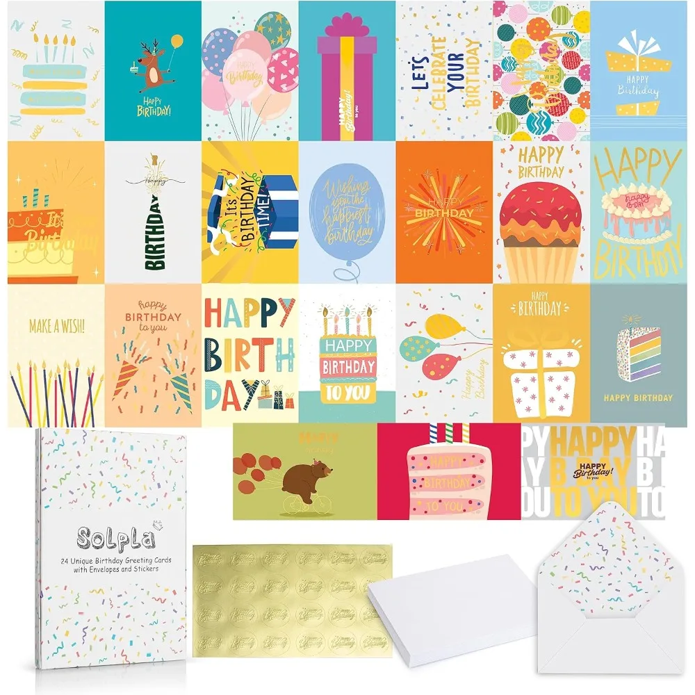 

24 Pack Unique Gold Foil Birthday Cards with Envelopes & Stickers | 4x6 Inches Blank Happy Birthday Cards Assortment in Bulk for
