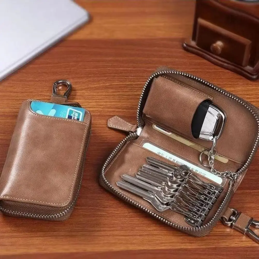 Retro Key Organizer Pouch Fashion PU Leather Key Storage Pouch Large Capacity Zipper Key Storage Organizer Commuting Use