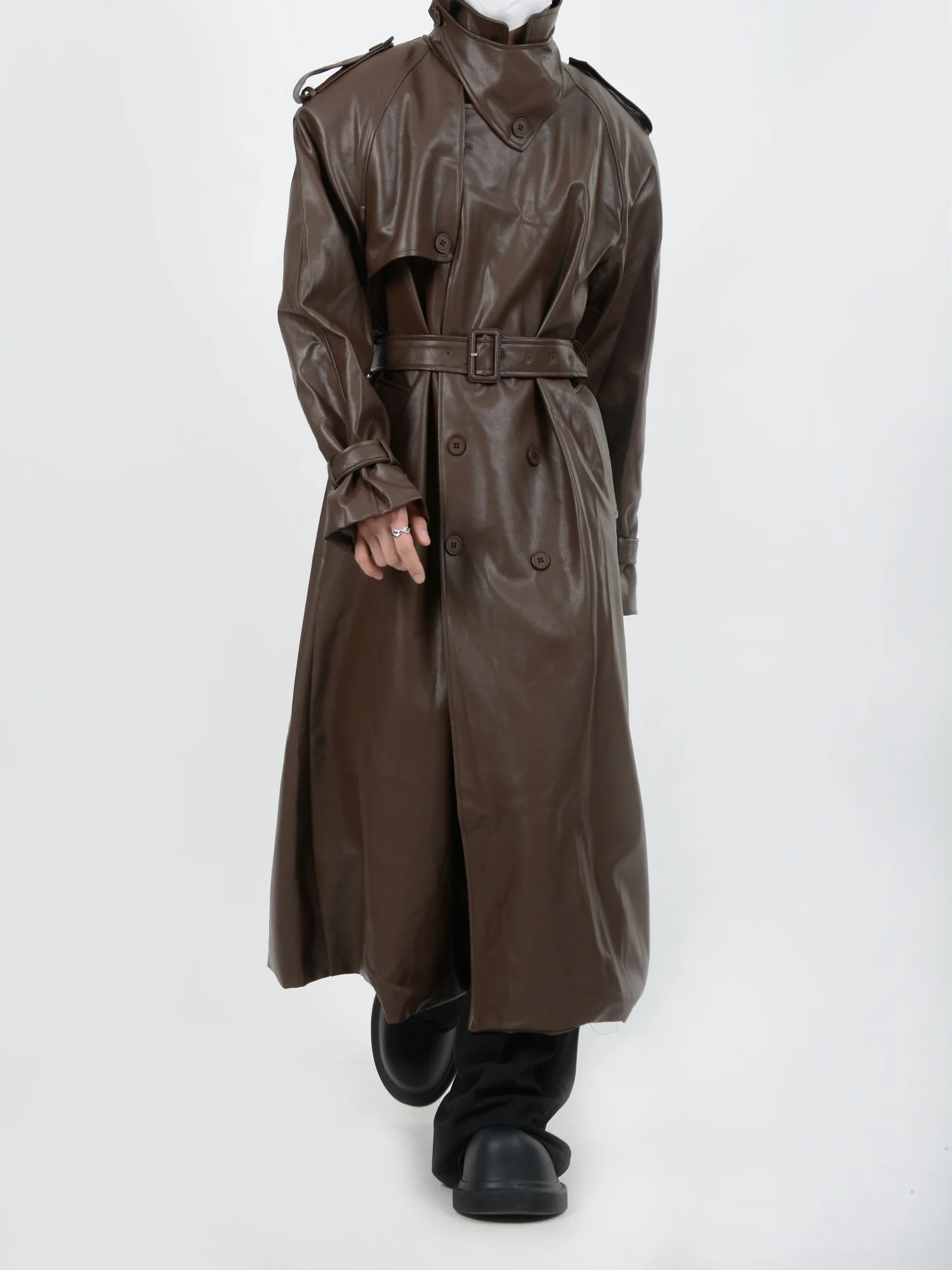 

Luce Garment Deconstructed PU Leather Coat Long Over-Knee Tee-Dimensional Splicing Windbreaker for Youth Waterproof Winter ...