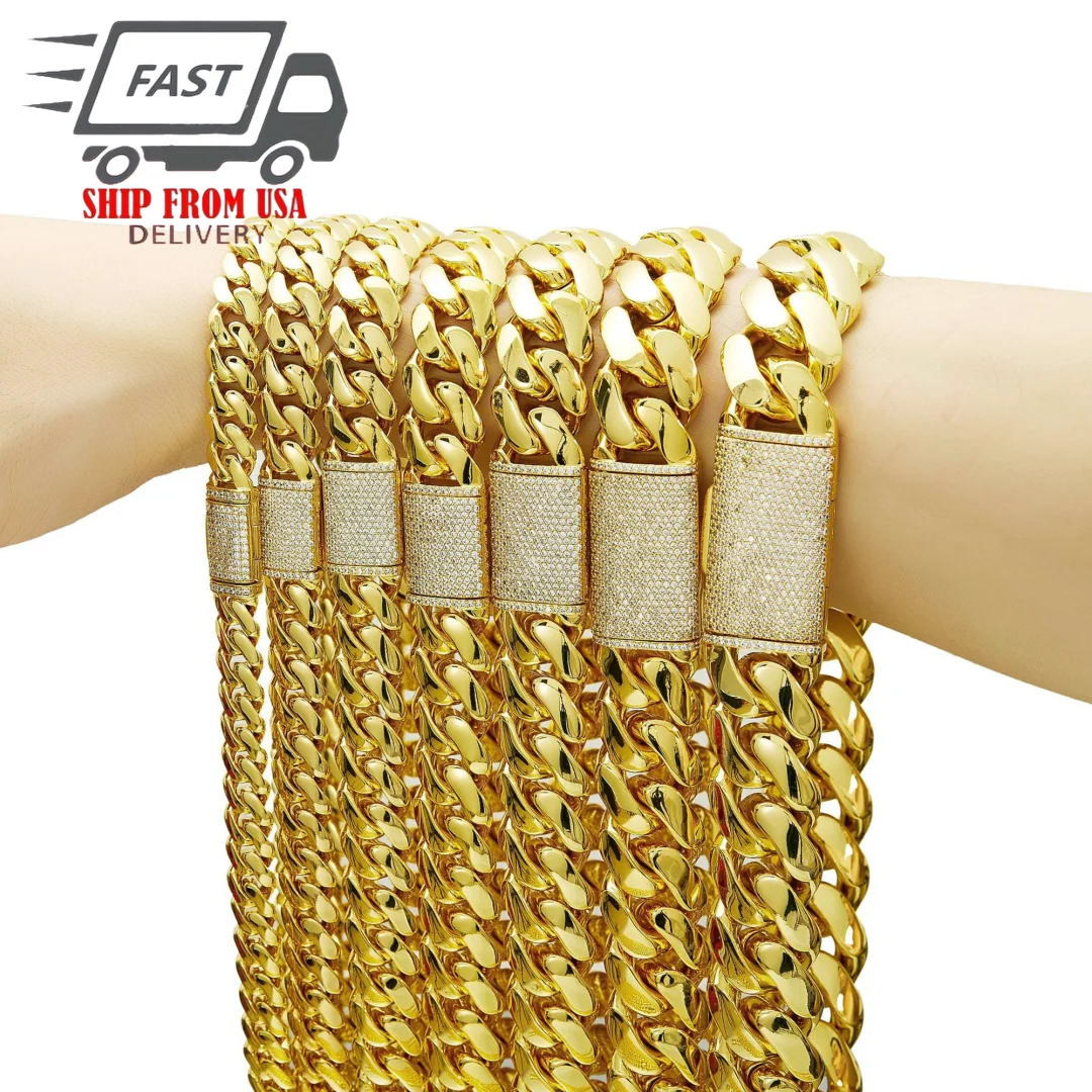 

Цепочки-колье в стиле хип-хоп, 8-22 мм, с эффектом бриллиантов, покрытые 14-каратным золотом, из нержавеющей стали, плотная кубинская цепь «Майами», унисекс, ювелирные изделия для рэперов