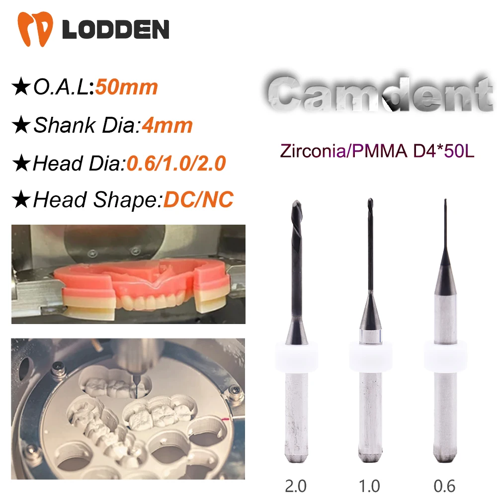 

Camdent Dental Milling Bur Grinding Zirconia(DC)/PMMA(NC) D4 Shank 50MM Length 0.6/1.0/2.0MM Dental Grinding Tool