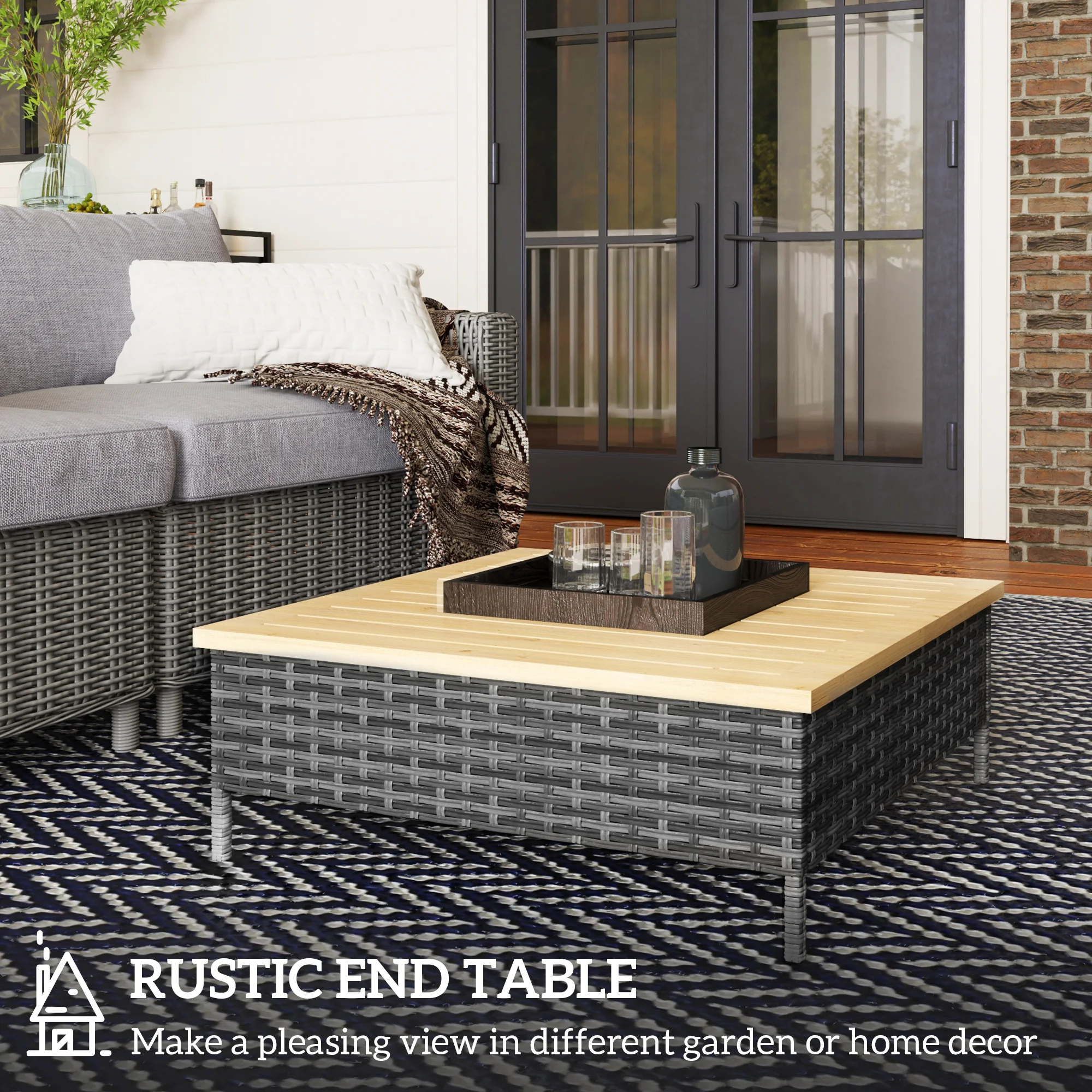 Outsunny gray PE rattan patio table with natural fir wood top
