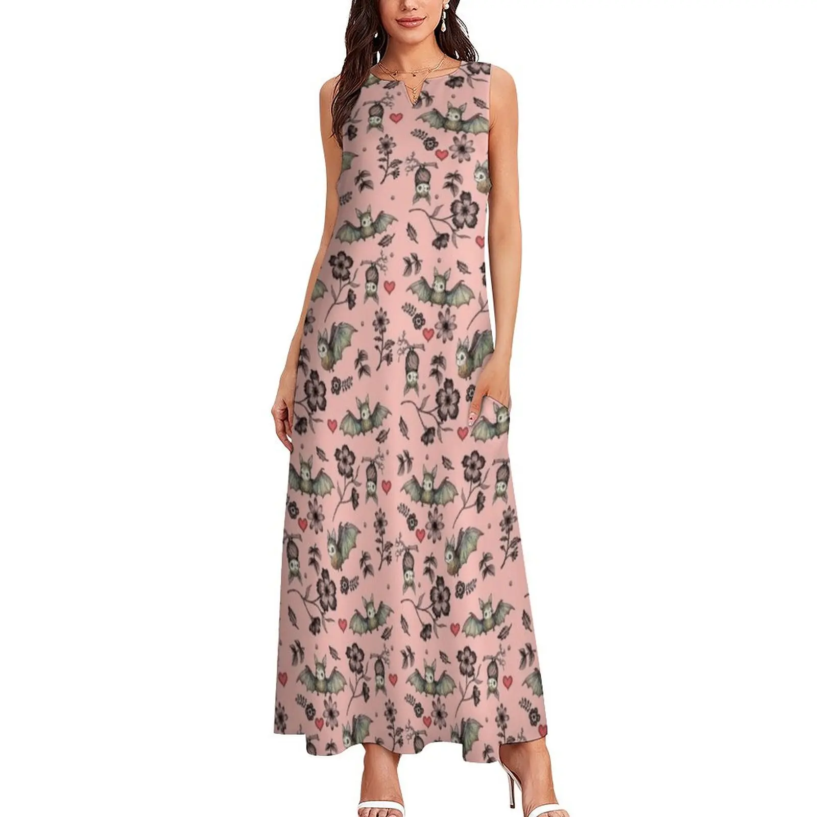 Süße Fledermäuse, rosa Blumenmuster mit Fledermäusen und Herzen, langes Kleid, Kleid für Damen, Sommerkleidung für Damen