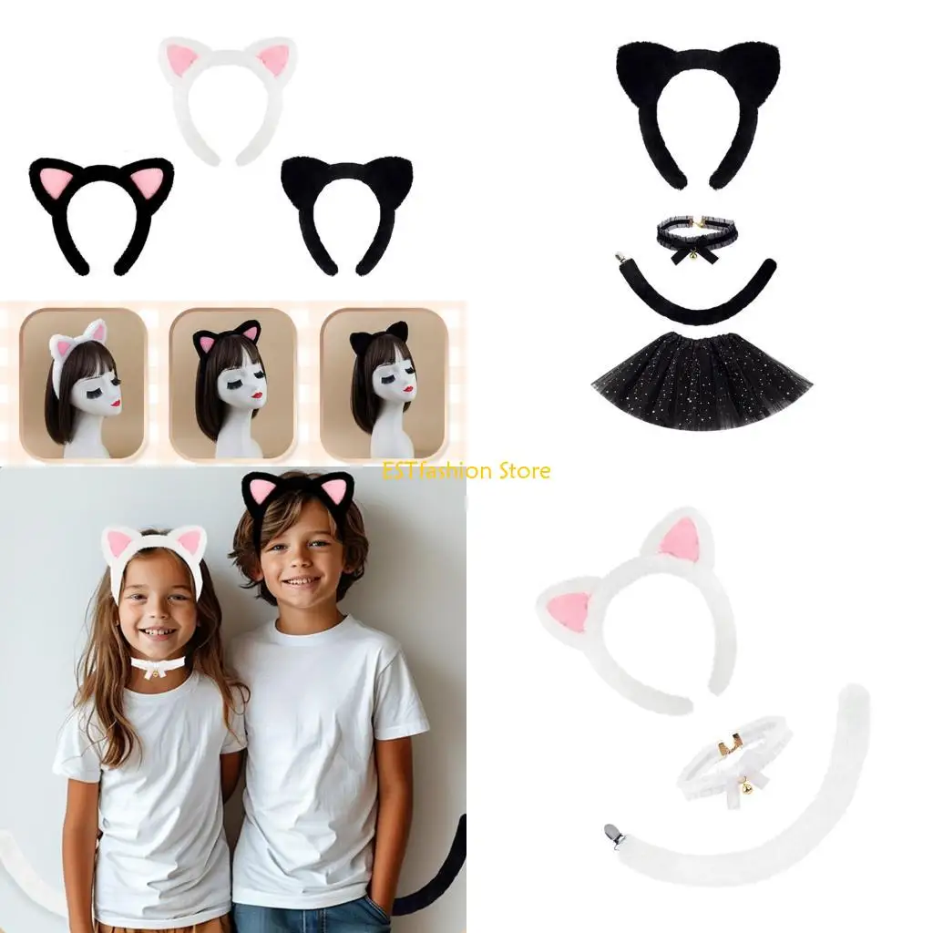 Y5GC Katzen Kostüme Set Katzen Ohren Stirnbänder Schwanz Glocken Halsband Tutu Rock Tier Cosplay Kostüme für Halloween Party