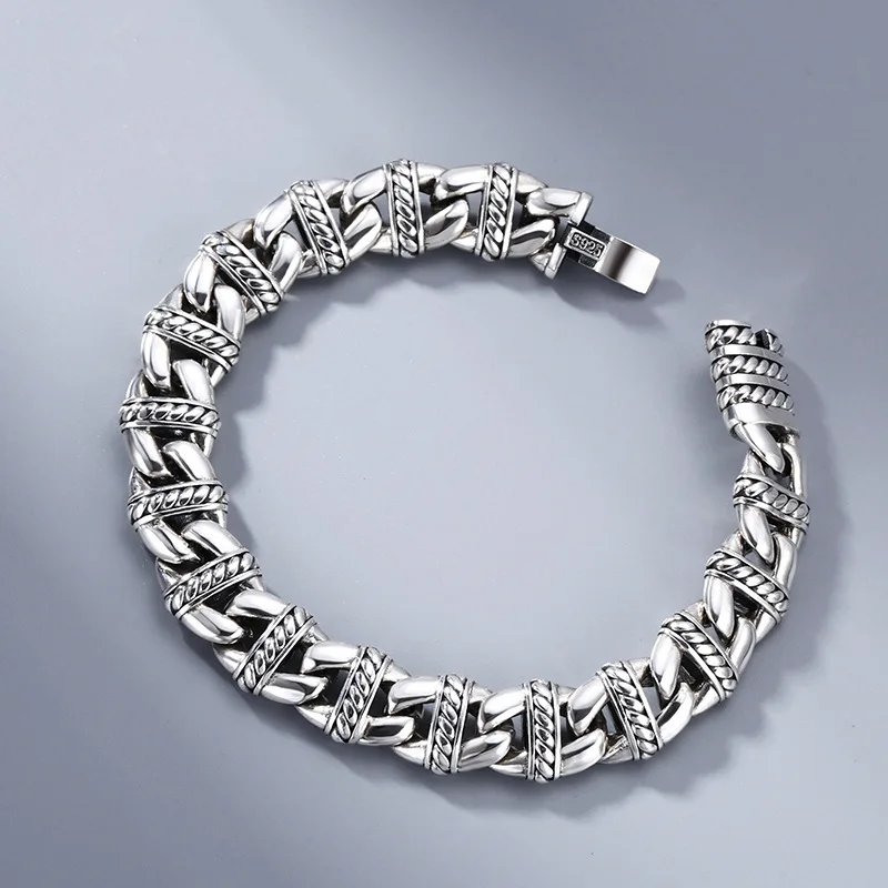 925 sterling silver bracelet buckle chain men's thick thai silver retro distressed trendyy personalized jewelry