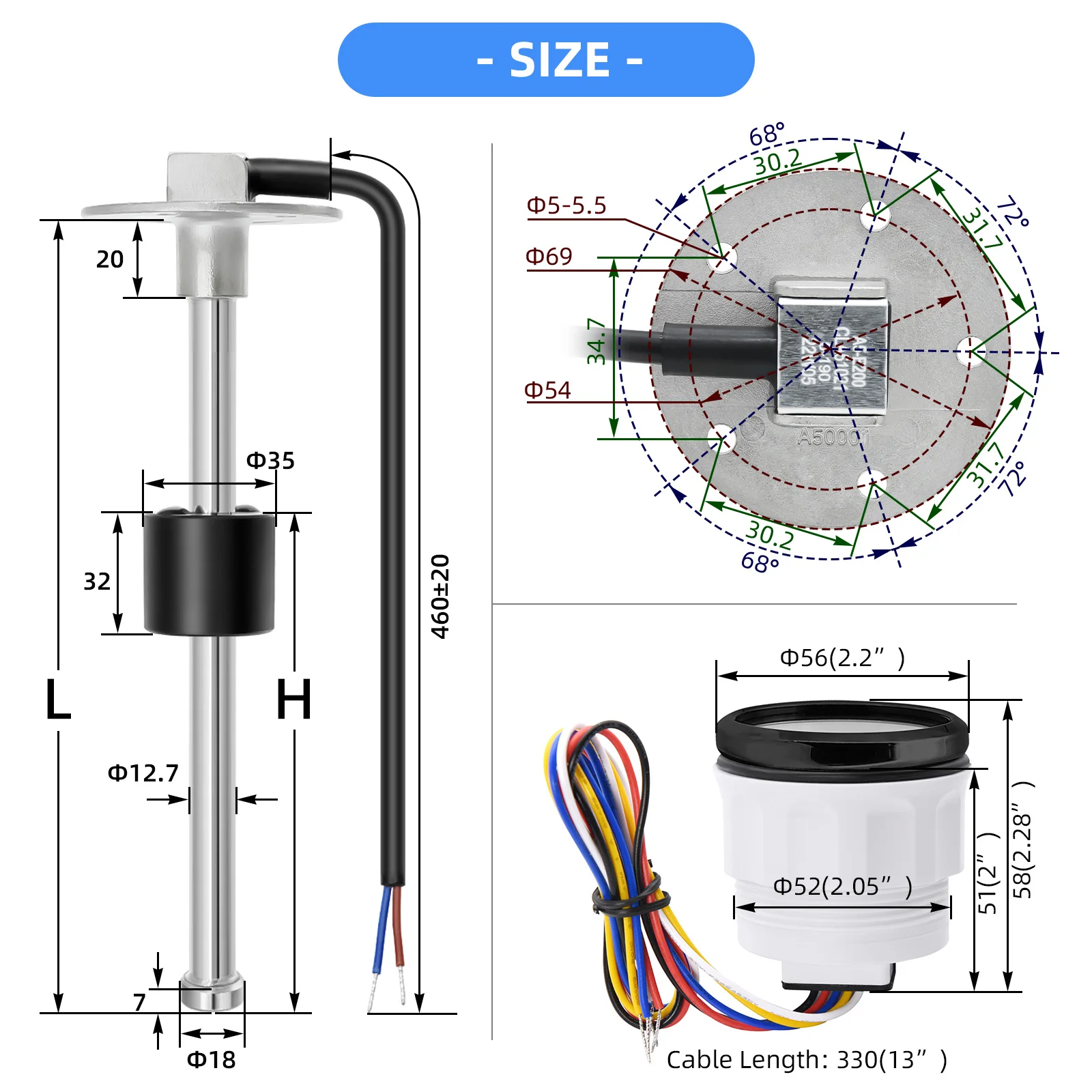 7 Color LED 52mm Water Level Gauge+Water Level Sensors Float Level Sensor 0-190 Ohm for Car Marine RV Water Tank Level Indicator