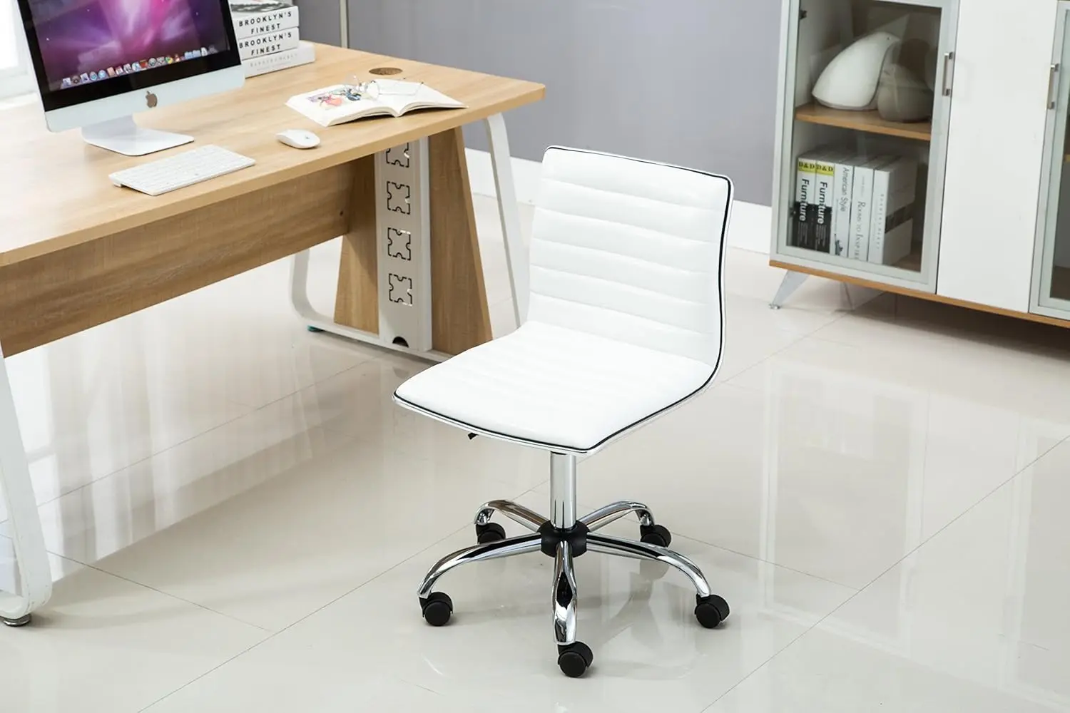 BTExpert Swivel Mid Back Armless Ribbed Designer Task Chair Leather Soft Upholstery Office Chair - White