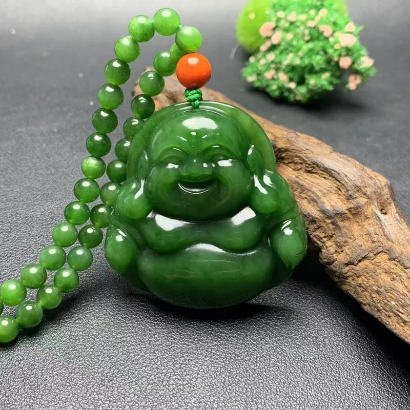 Natural Hetian Maitreya Pendant, Jade Laughing , Big Belly , Spinach Green Buddha Women