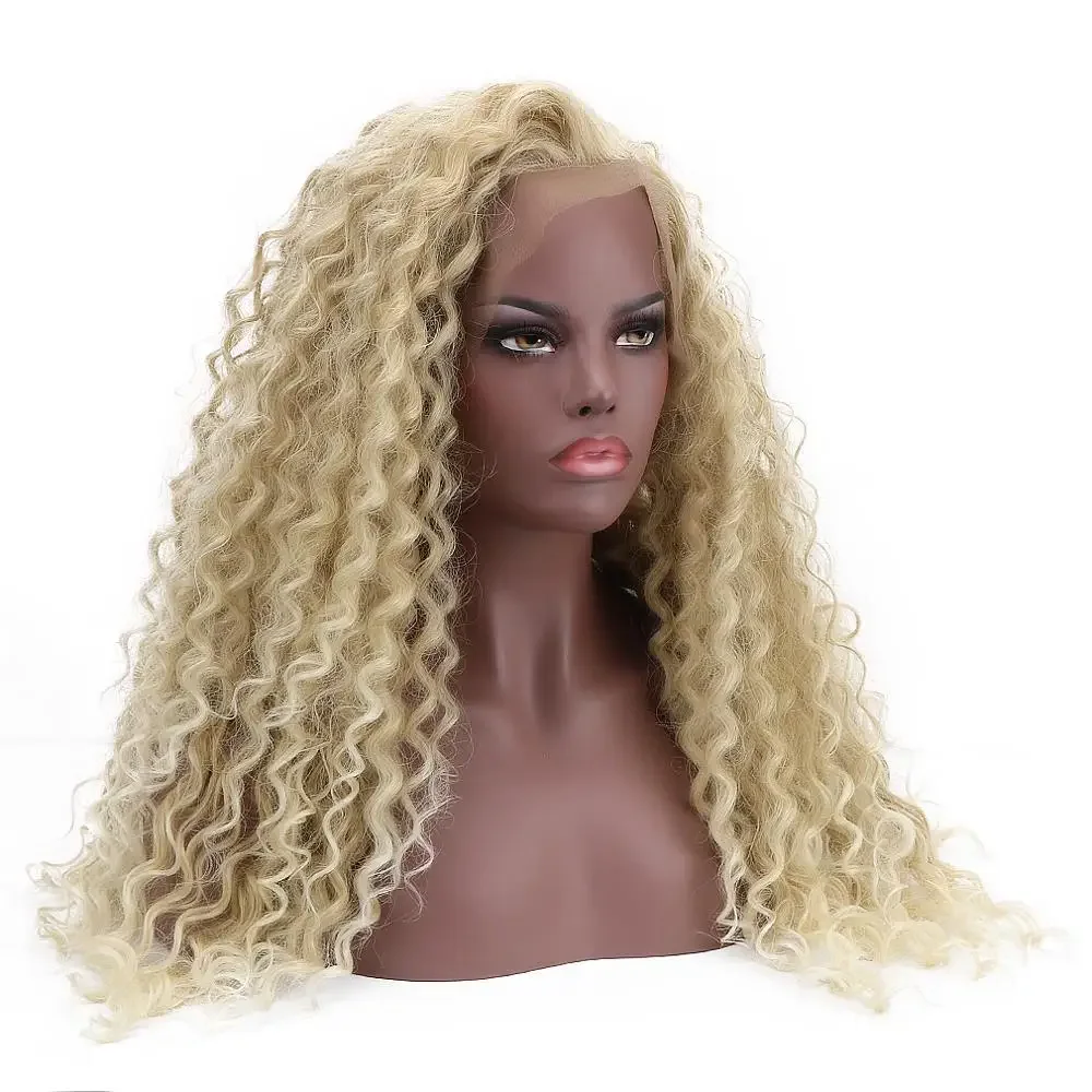 24\'\' Long Curly Synthetic 15*4.5 Swiss Lace Front Wig Deep Blond Bohemian Natural Part Glueless Afro Wigs for Black Women