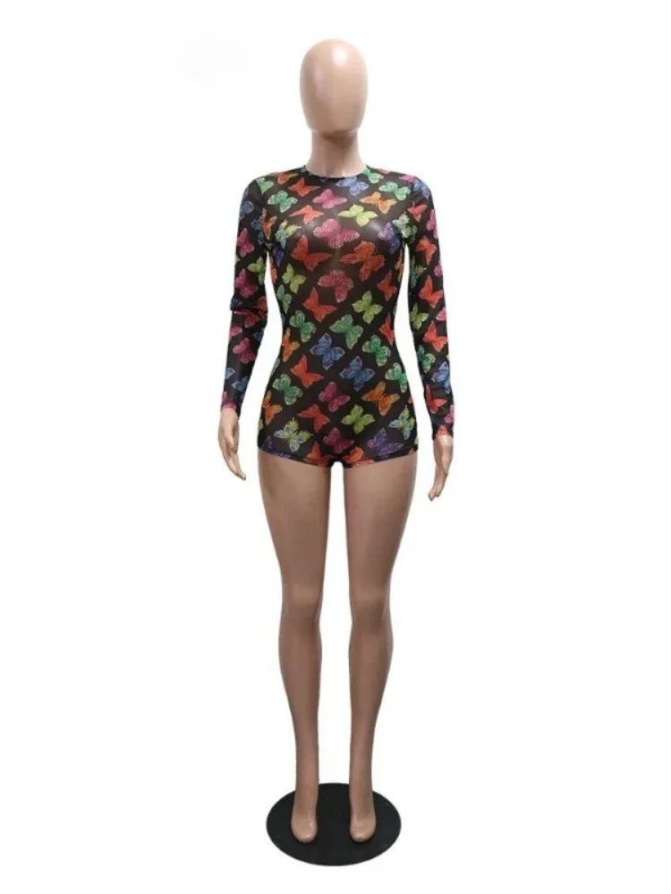 

Women Long Sleeve Butterfly Printed Mesh See Though Jumpsuits Street 2025 Summer Sexy One Piece Suit Romper Playsuits