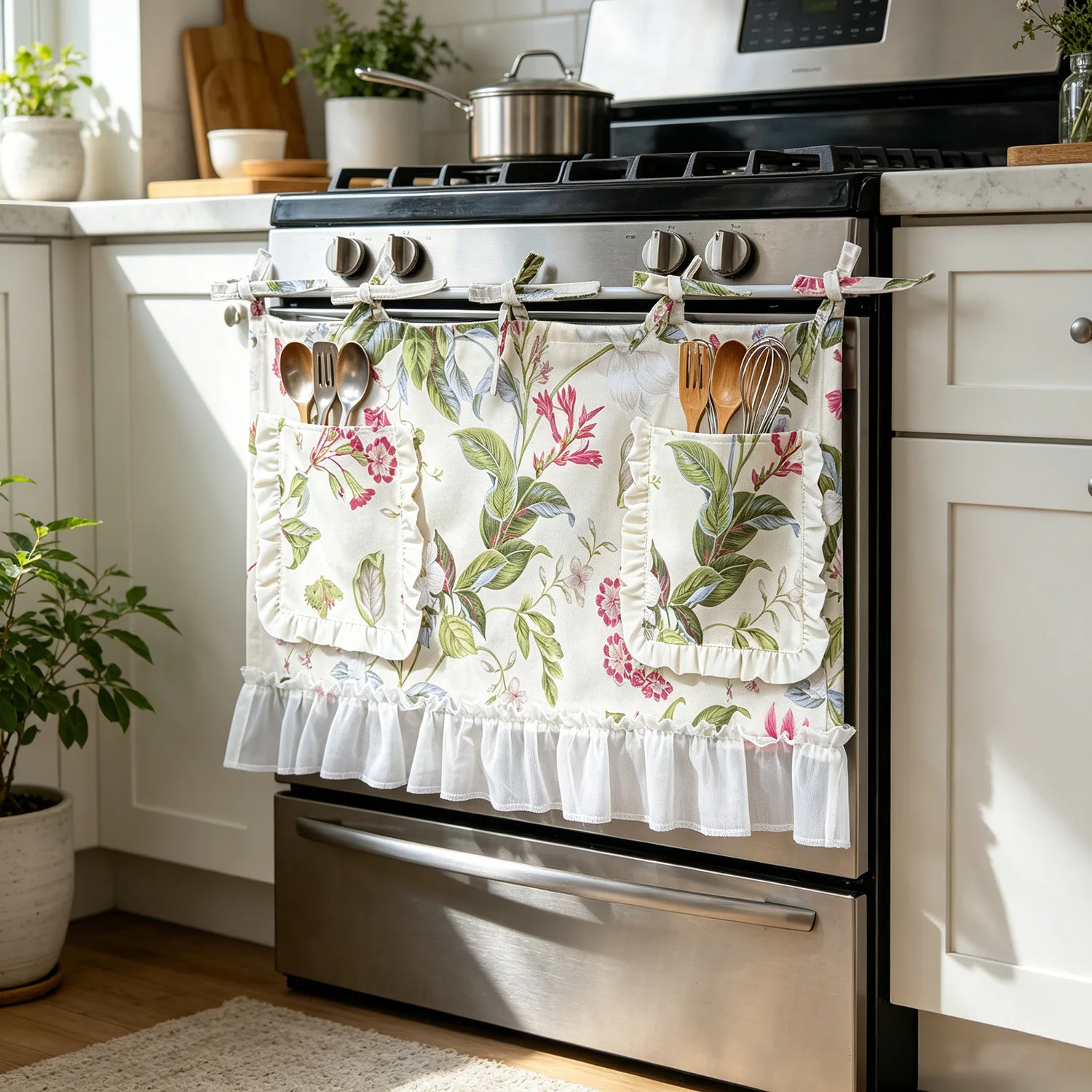 Korean-style Cute Pocket Design,Hold Cutlery And Flowers,Small window Curtains For Kitchen,Printed Apartment kitchen Drapes