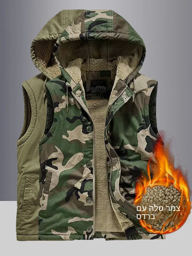 American Style Loose Men's Vest Multi-Pocket Fleece-Lined Outdoor Workwear Vest Fashionable Urban Style Winter Thickened Cotton