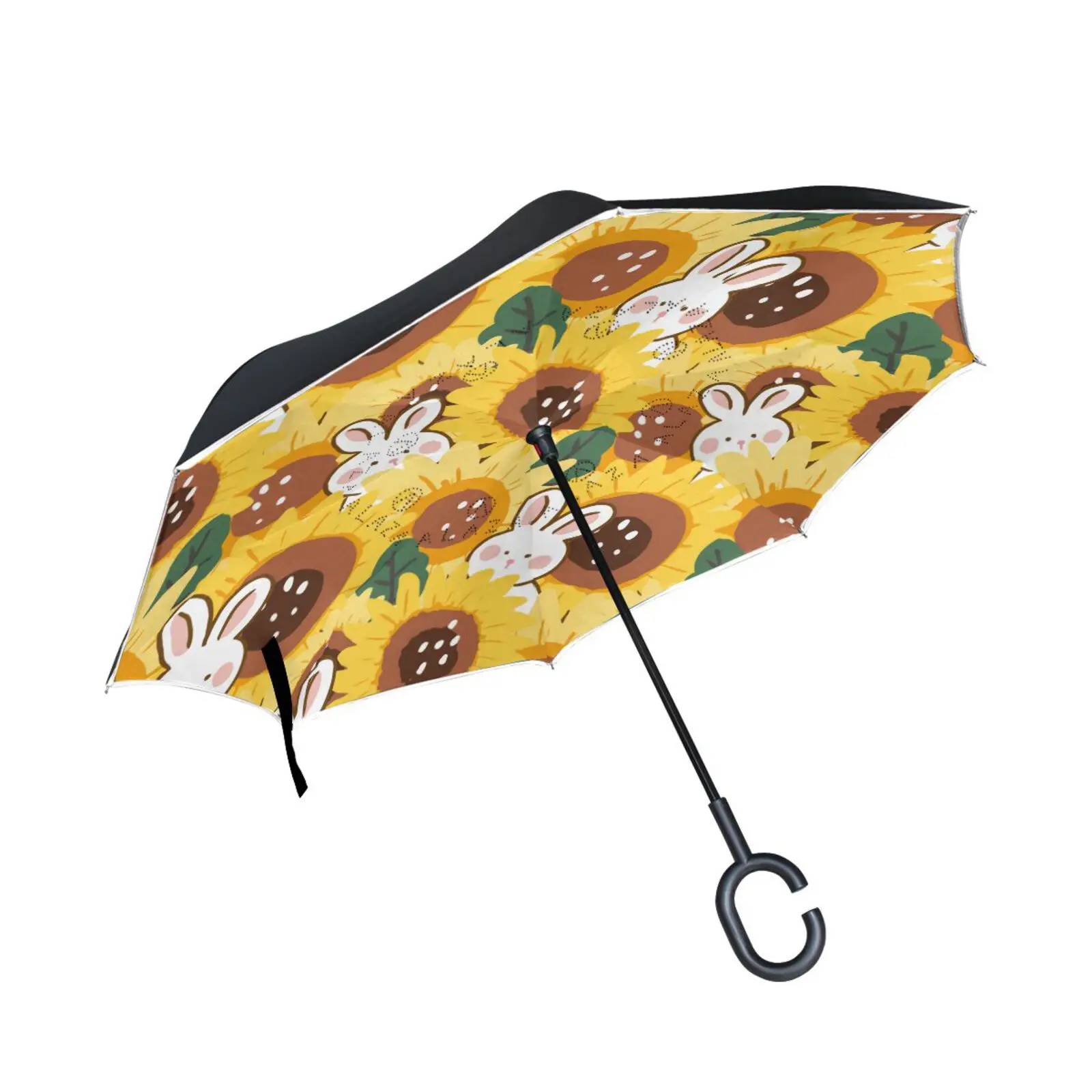 Sunflower Rabbits Anti-UV Folding Long Shank Double Layer Inverted Rain Umbrella Windproof Car Reverse Umbrella Male C-Hook