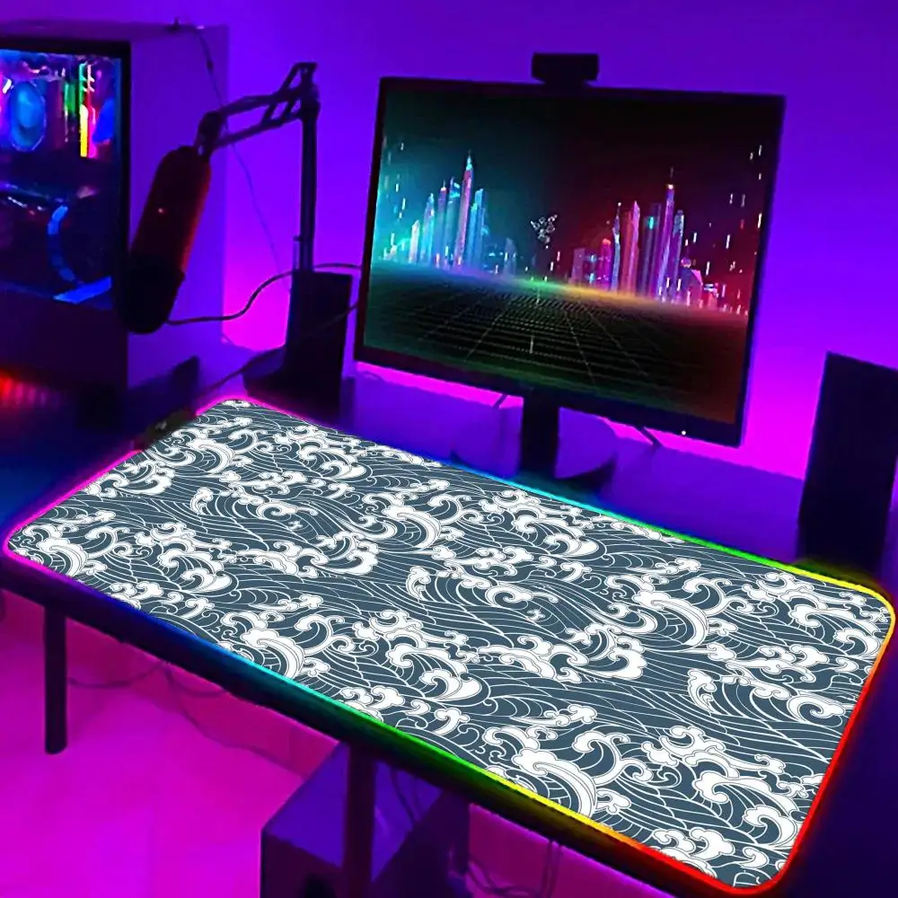 

XXL RGB коврик для мыши Japan Great Waves Art коврик для мыши Kawaii игровые аксессуары компьютерная клавиатура большой светодиодный настольный коврик подсветка ковер