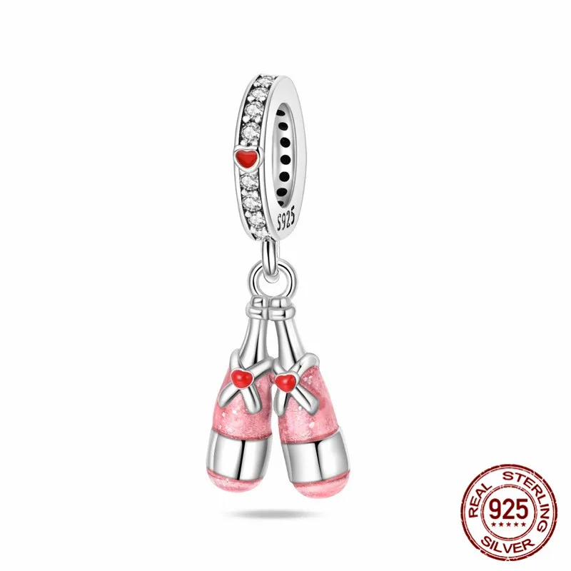 

925 Sterling Silver Beaded Zircon Pink Bottle Pendant suitable for original bracelet designs DIY womens jewelry gifts