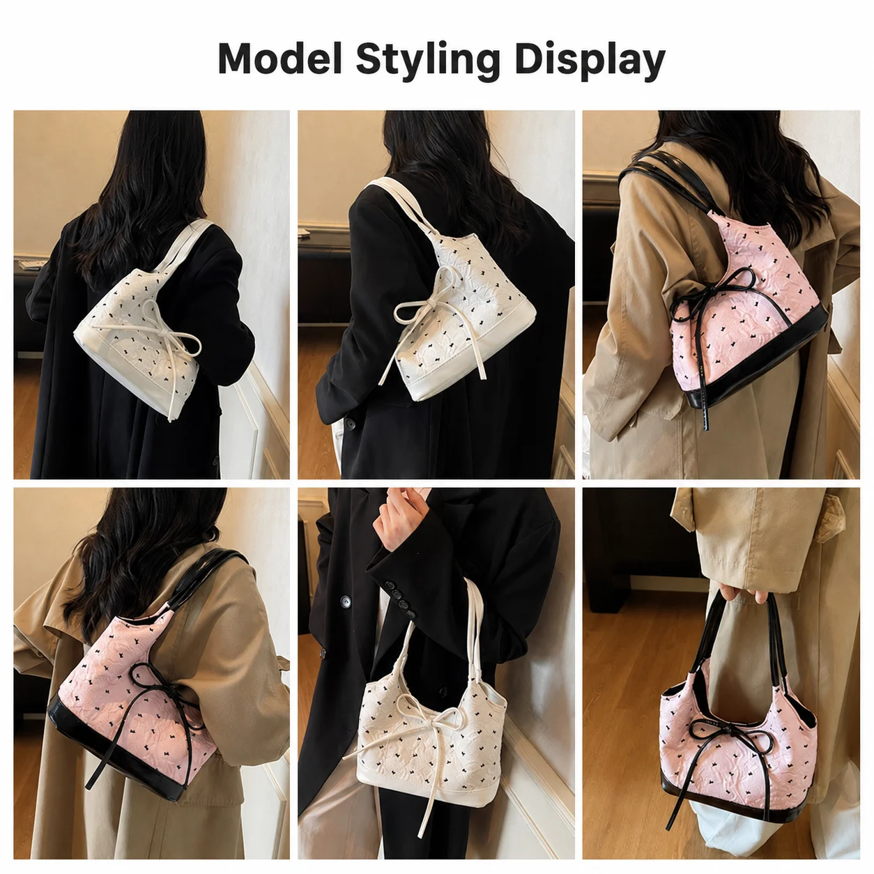 

Bow Decor Handbag Versatile Fabric Pu Patchwork Bag Daily Commute Handbag Spacious Women'S Bucket Handbag For Daily Work Daily